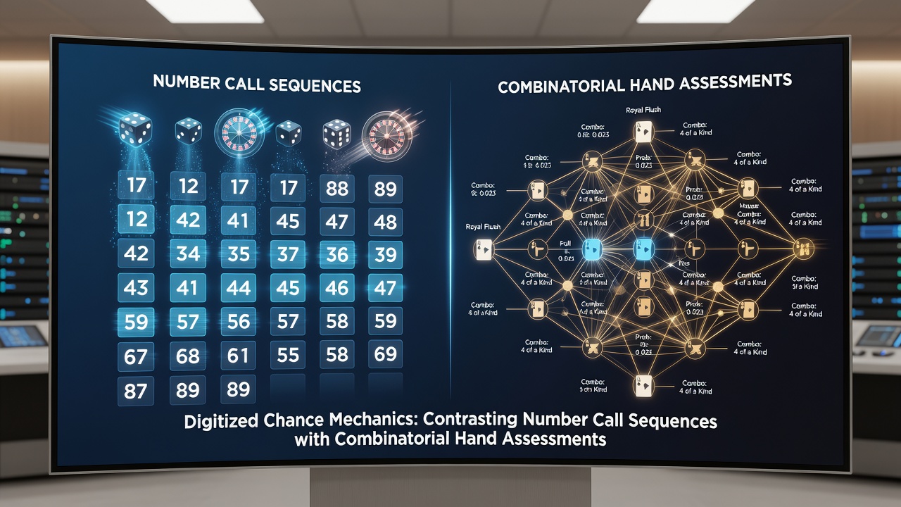 Split-screen view of a hybrid platform displaying active number call sequence on one side and poker hand ranking interface on the other
