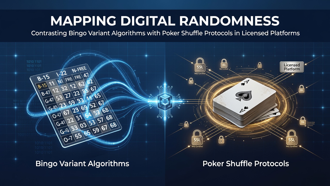 Digital interface displaying random number generation sequences for bingo and poker platforms side by side