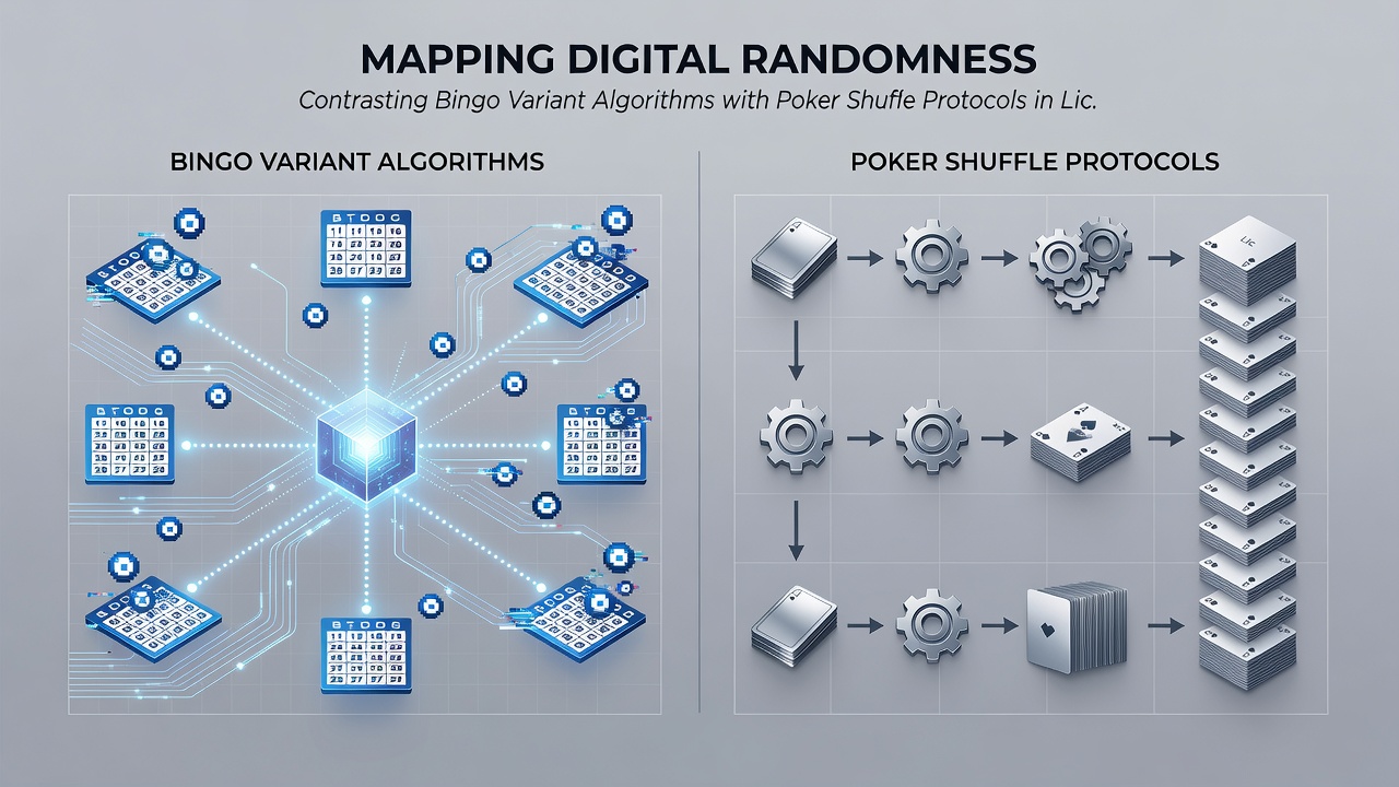 Technical diagram comparing pseudorandom sequences in bingo draws against full-deck permutations in poker systems