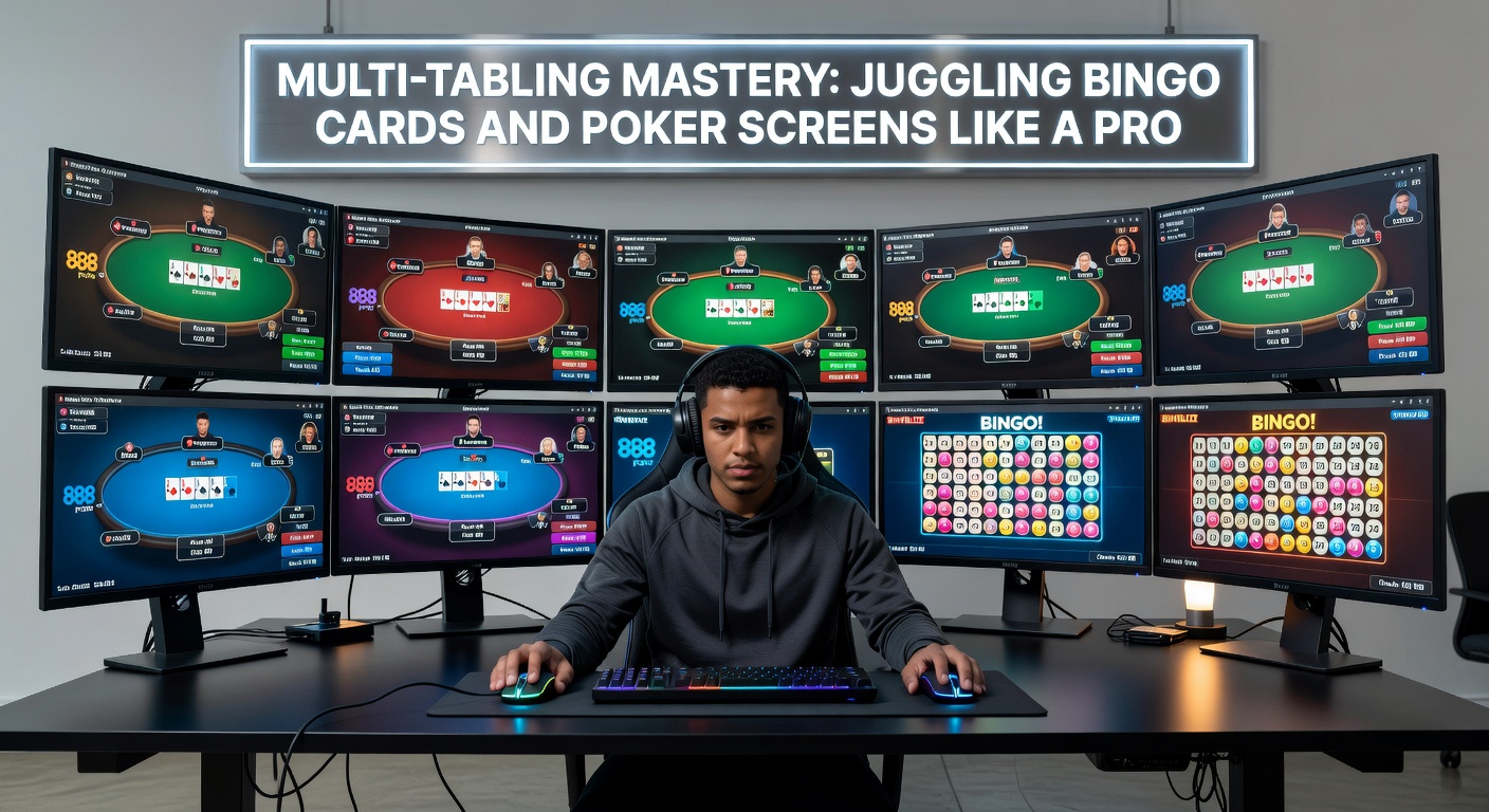 A gamer at a desk surrounded by multiple monitors displaying bingo cards and poker tables, hands hovering over keyboard and mouse in focused action
