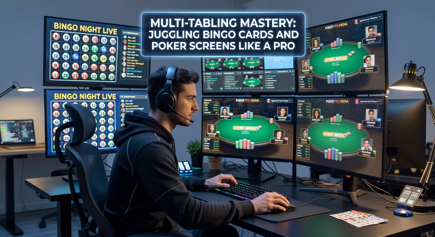 Close-up of software interface showing tiled poker tables and bingo cards with overlaid stats, graphs tracking win rates and alerts popping on screen