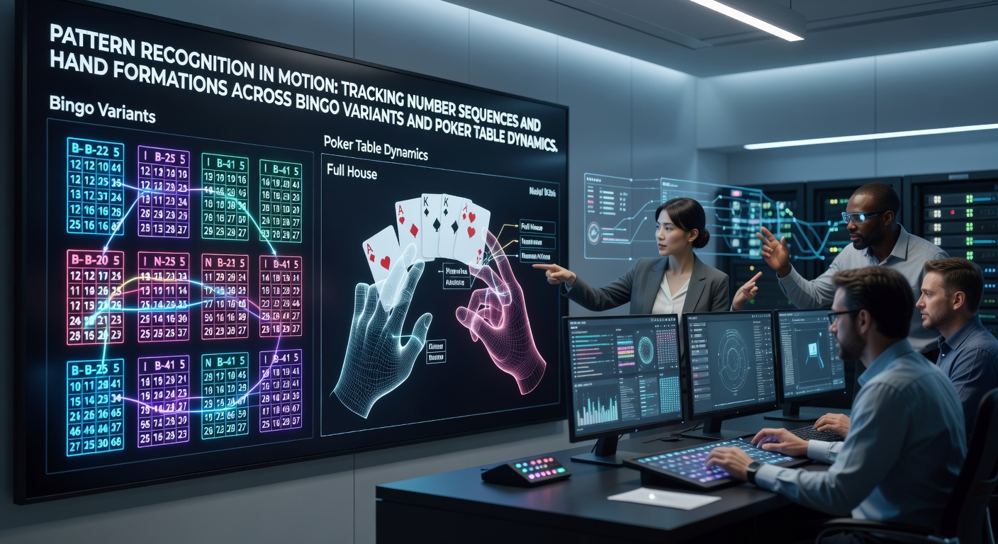 Visual representation of bingo number sequences and poker hand formations in motion