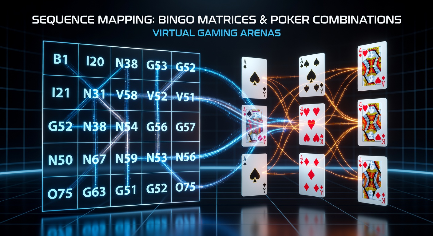 Screenshot of a virtual gaming dashboard showing mapped sequences between bingo matrices and poker hand rankings